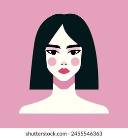 Minimalist Woman Portrait. Flat Vector Design Style. Trendy Colorful  Illustration. Female Face Avatar Isolated Icon. Colorful Abstract Cartoon Character Person. Bold Glamour People Lifestyle Symbol.	