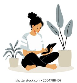 Minimalist Woman Working on Tablet with Sleek Modern Design Flat Vector Illustration