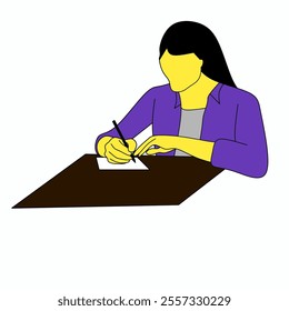 Minimalist woman writing on paper, colorful vector art, creative work concept, female sitting at desk, flat style illustration, vibrant design, education or office theme