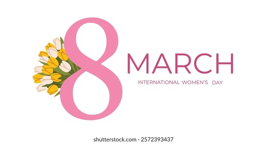 Minimalist Women's Day banner with a yellow and white tulip bouquet and large pink number 8. International Women's Day poster Perfect for March 8 spring promotions and event invitations.