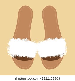 Minimalist women's summer sandals with white fur and brown sole. It is suitable for casual wear for sightseeing and vacation activities