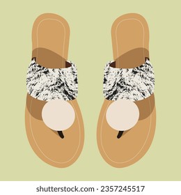 Minimalist women's summer sandals are white with a charming black pattern and brown sole. It is suitable for casual use on walks and holidays. Modern and attractive sandal design