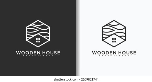 Minimalist wooden house logo design with creative line art style Premium vektor