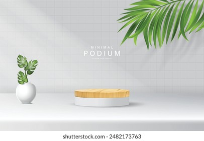 Podio de madera minimalista con hoja tropical y florero blanco sobre fondo cuadrado