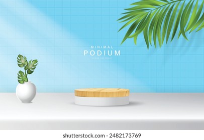 Minimalist Wooden Podium With Tropical Leaf and White Vase on square Background