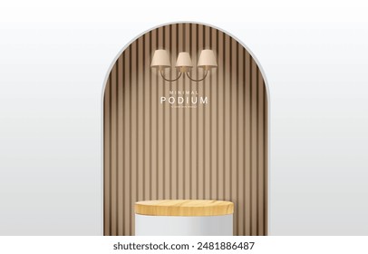 Minimalist Wooden Podium With White Background and Brown Slatted Walls