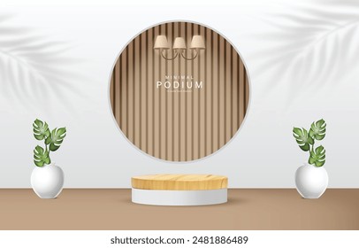 Minimalist Wooden Podium With White Background and Brown Slatted Walls