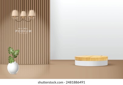 Minimalist Wooden Podium With White Background and Brown Slatted Walls