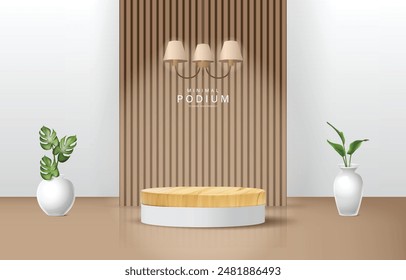 Minimalist Wooden Podium With White Background and Brown Slatted Walls