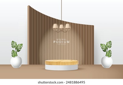 Minimalist Wooden Podium With White Background and Brown Slatted Walls