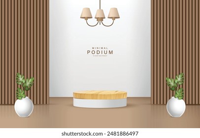 Minimalistisches Holzpodium mit weißem Hintergrund und braunen Lattenwänden