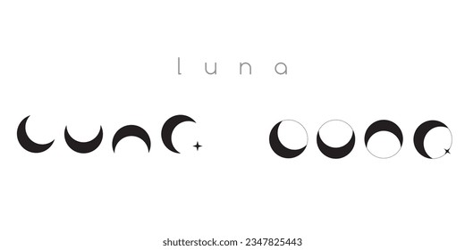 Minimalist word luna designed from crescent moons. Cosmic vector logo or sign.