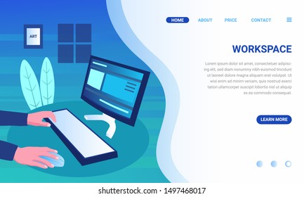 Minimalist work desk. creative workspace technology concept. Landing page template. Header for website. Desktop Personal Computer vector illustration with hand holding mouse. finger press the keyboard