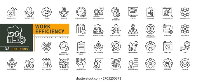 Ícones de linha de Eficiência de trabalho minimalista definidos com traçado editável, apresentando Produtividade, economia de tempo, visão, benefícios, gerenciamento de tempo, otimizar, estratégia, fluxo de trabalho, processo. ilustração linear fina.