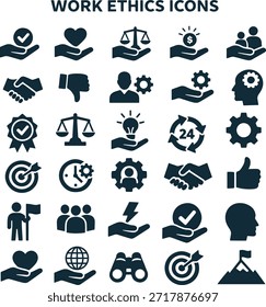 Ícone de ética de trabalho minimalista definido para valores profissionais de negócios.