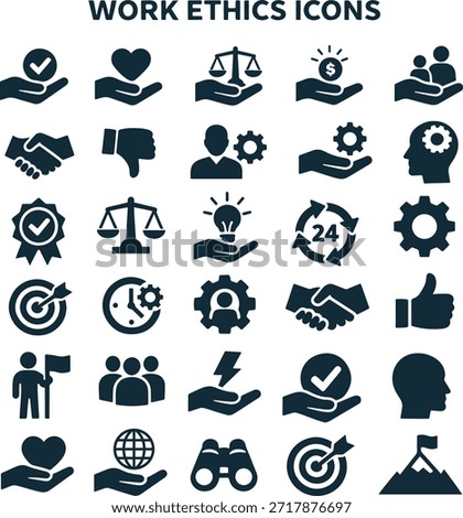 Minimalist work ethics icon set for professional business values.