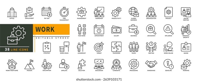 Minimalist Work line icons set with editable stroke, featuring office, pay day, mission, work from home, task done, appointment, target, leadership, teamwork, busines, badge.thin linear illustration.
