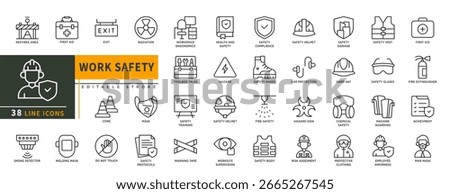 Minimalist Work Safety line icon set with editable stroke, featuring mask, safety body, shoes, helmet, toolsbox talks, fire safety, hazard sign, firs aid, chemical safety, machine guard. illustration.