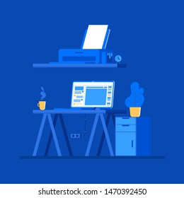 minimalist workdesk with laptop, printer and hot tea ready to accompany the owner at quiet night. flat vector illustration