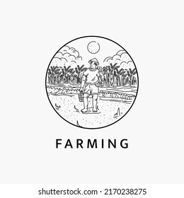 Minimalist working farmer logo line art illustration template design