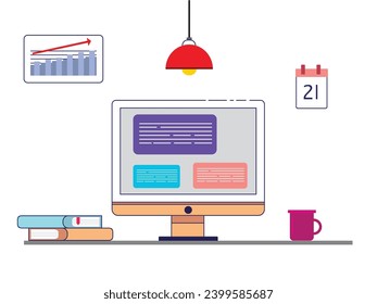 Minimalist workspace with computer screen, lamp, book and glass mug, creating in a cozy room. Character design. Vector flat illustration