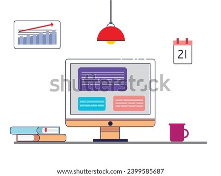 Minimalist workspace with computer screen, lamp, book and glass mug, creating in a cozy room. Character design. Vector flat illustration