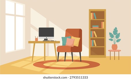 Minimalist workspace design featuring a comfortable chair and plant ideal for remote work or study illustrations.