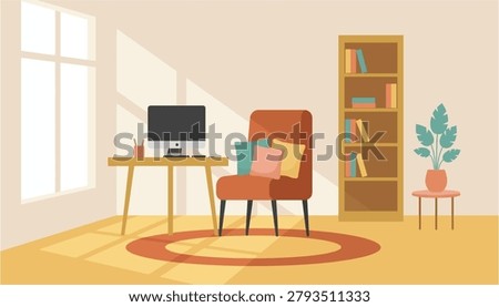 Minimalist workspace design featuring a comfortable chair and plant ideal for remote work or study illustrations.