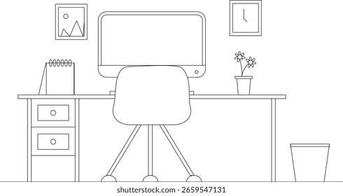 Ilustração minimalista da arte da linha da configuração da mesa do espaço de trabalho apresentando um computador moderno, cadeira do escritório, potenciômetro da planta, calendário e decoração da parede, perfeito para conceitos digitais do espaço de trabalho, projetos do escritório da casa, prod
