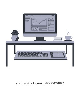 A minimalist workspace featuring a computer screen displaying business data charts, a keyboard, a tablet, and a coffee cup on a clean desk. Perfect for office work.