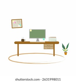 Ilustração minimalista do espaço de trabalho com uma escrivaninha, computador, xícara de café, livros, prancha de parede e uma planta em vaso. Perfeito para temas de trabalho remoto ou de escritório.