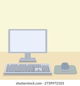 Minimalist workspace illustration featuring a computer monitor, keyboard, mouse and mousepad on a desk. Clean flat vector design with copy space, ideal for office, technology, business, productivity, home office, website headers and presentations.