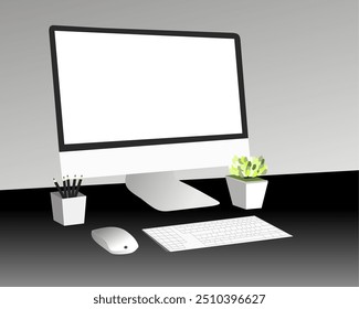 minimalist workspace illustration featuring a sleek computer monitor with a blank white screen, accompanied by a keyboard, mouse, and pencil holders on a clean desk. The setup includes small potted.