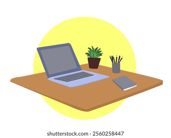 Minimalist Workspace with Laptop, Notebook, Plant, and Stationery