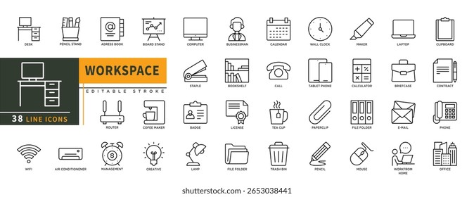 Minimalist Workspace line icons set with editable stroke, featuring desk, pencil stand, adress book, board stand, computer, lamp, stample, laptop, paper clip, mouse, pencil. thin linear illustration.