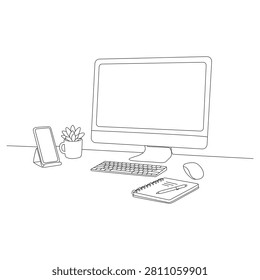 Minimalist Workspace Setup Continuous Line Art Vector with Desktop Computer and Office Desk Accessories Outline Illustration Isolated on White Background