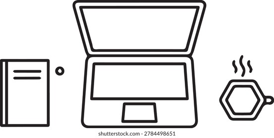 Minimalist Workspace Top View Vector Icon - Line Art of Open Laptop with Hot Coffee Mug and Diary