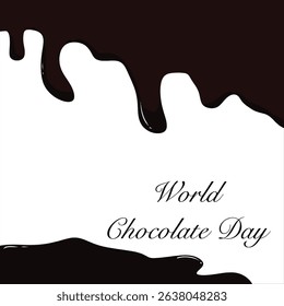 Minimalist World Chocolate Day poster with dark melted chocolate dripping over white background and elegant typography.