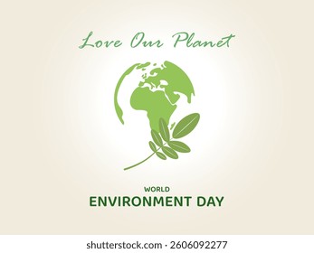 Minimalist World Environment Day illustration with green earth, leaves. Promotes sustainability, nature conservation and global awareness. Ideal for organizations, posters and education