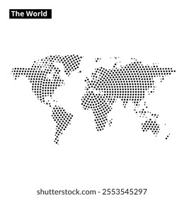 A minimalist world map created with a dotted pattern, showcasing all continents in black and white. Ideal for design purposes.