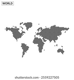 A minimalist world map created with a dotted pattern, showcasing all continents in black and white. Ideal for design purposes.