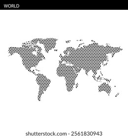 A minimalist world map created with a dotted pattern, showcasing all continents in black and white. Ideal for design purposes.