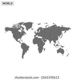 A minimalist world map created with a dotted pattern, showcasing all continents in black and white. Ideal for design purposes.