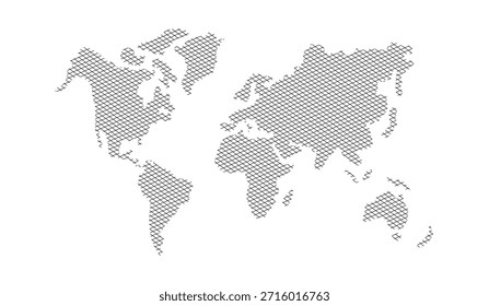 Minimalistische Weltkarte mit diagonalem Linienmuster auf weißem Hintergrund