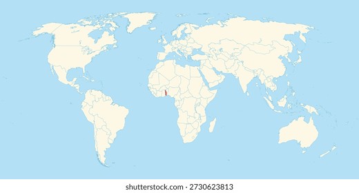 Gráfico minimalista do mapa-múndi indicando o território preciso do Togo marcado com um destaque vermelho
