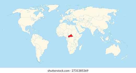 Gráfico minimalista del mapa del mundo que indica el territorio preciso de la República Centroafricana marcado en rojo