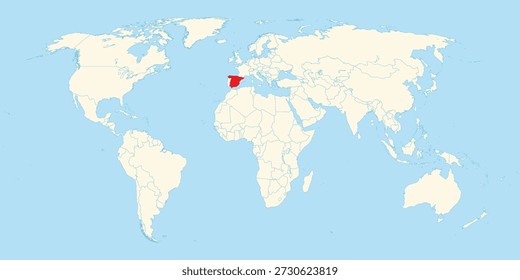 Gráfico minimalista del mapa del mundo que muestra la ubicación precisa de España resaltada en rojo dentro de Europa Occidental