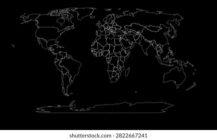 A minimalist world map outline in white against a black background, showing continents and country borders.