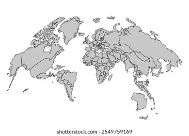 Ilustración vectorial minimalista del mapa del mundo con color gris, perfecta para diseños de fondo, uso de infografía. "Este contenido se creó utilizando herramientas y software de dibujo de Vectores, no generado por IA"