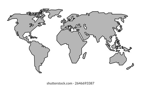 Minimalist world map vector illustration with gray fill and thick black outline. Isolated on white background. Perfect for infographics, education, presentations, and web design. 